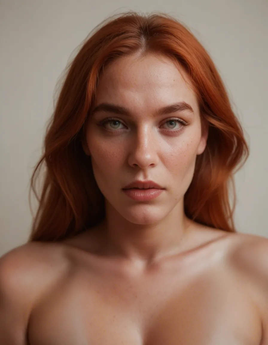 Slightly chubby redhead, with large, saggy, banana tits, score_9, score_8, candid photo, realistic skin texture, visible skin pores, film grain, depth of field