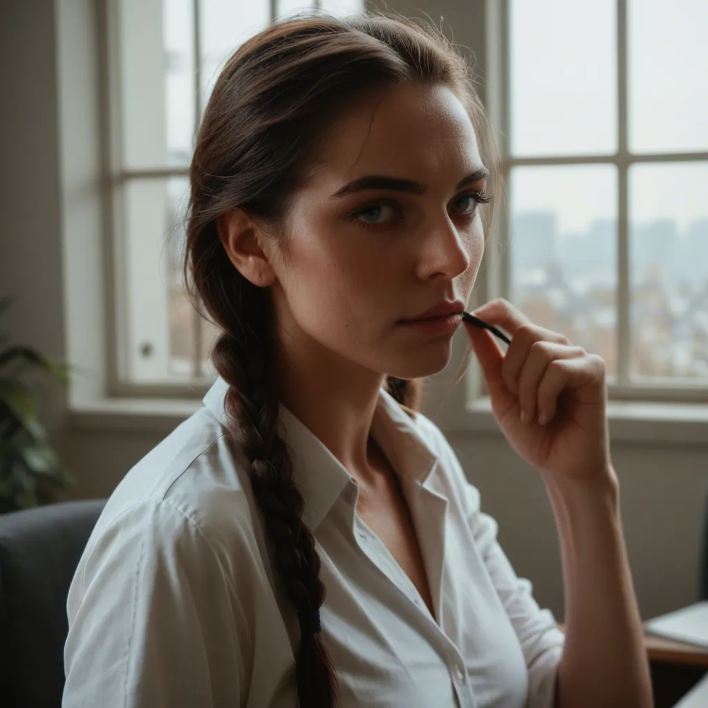 highly detailed, natural lighting, office lady, twin braids, shirt, hair pull, window light, film photography