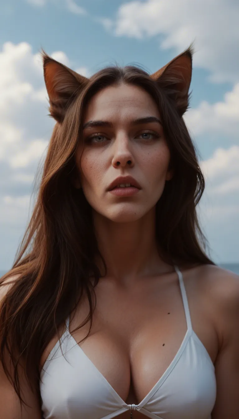best quality, hyperrealistic, catgirl, deepthroat, mole, cloudy sky, cinematic realism