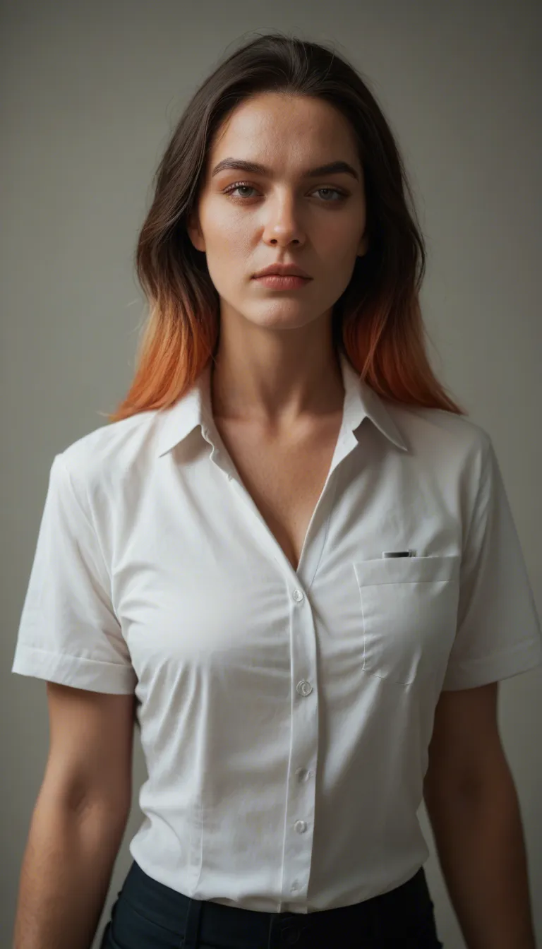 professional photo, high detail, solo focus, gradient hair, short sleeves, presenting, natural skin texture