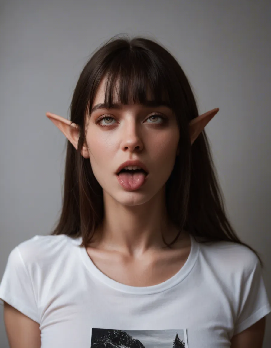 best quality, hyperrealistic, elf girl, blunt bangs, shirt, ahegao, RAW photo, score_9, score_8, candid photo, realistic skin texture, visible skin pores, film grain, depth of field