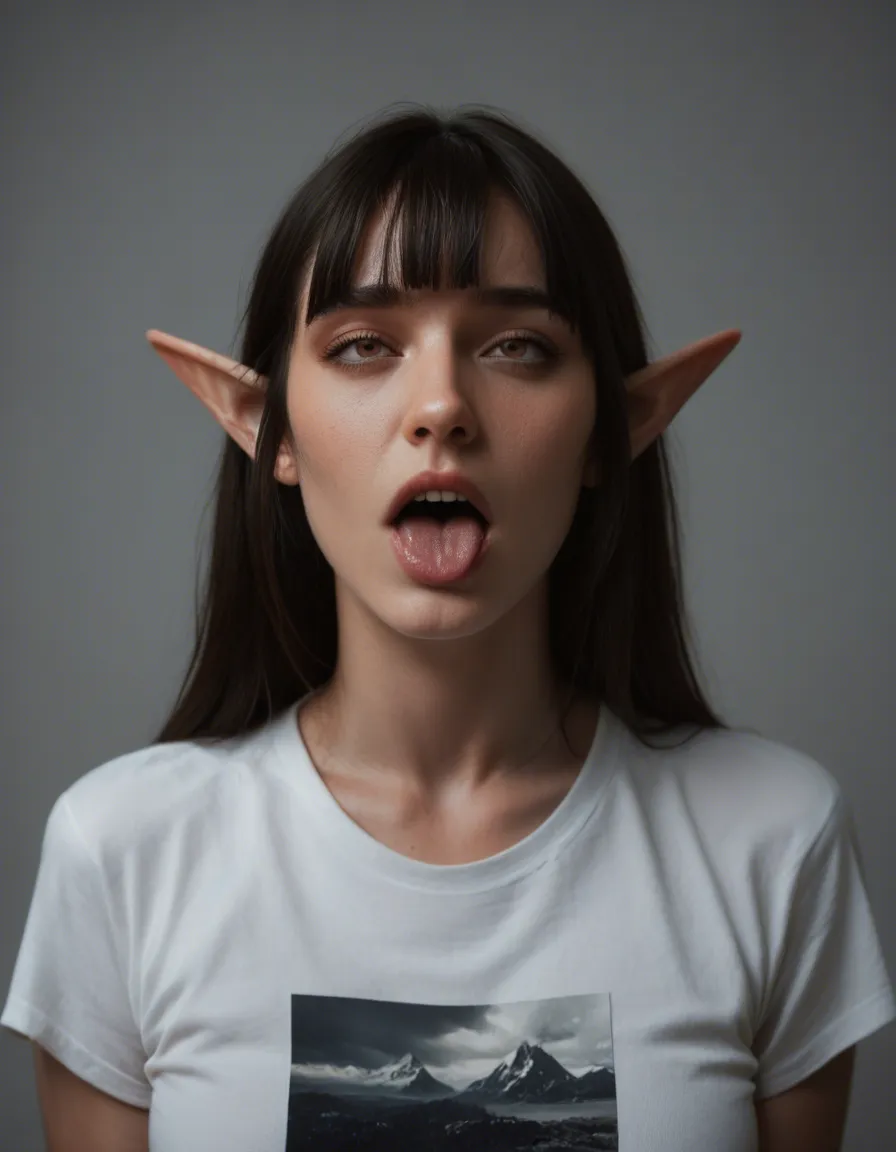 best quality, hyperrealistic, elf girl, blunt bangs, shirt, ahegao, RAW photo, score_9, score_8, candid photo, realistic skin texture, visible skin pores, film grain, depth of field, score_9, score_8, candid photo, realistic skin texture, visible skin pores, film grain, depth of field