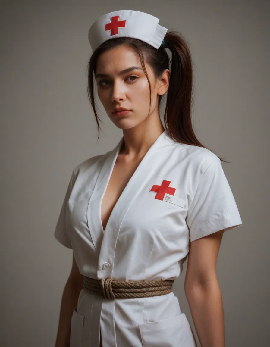 RAW photo, ultra realistic, nurse, side ponytail, japanese clothes, bondage, hyperrealistic, score_9, score_8, candid photo, realistic skin texture, visible skin pores, film grain, depth of field