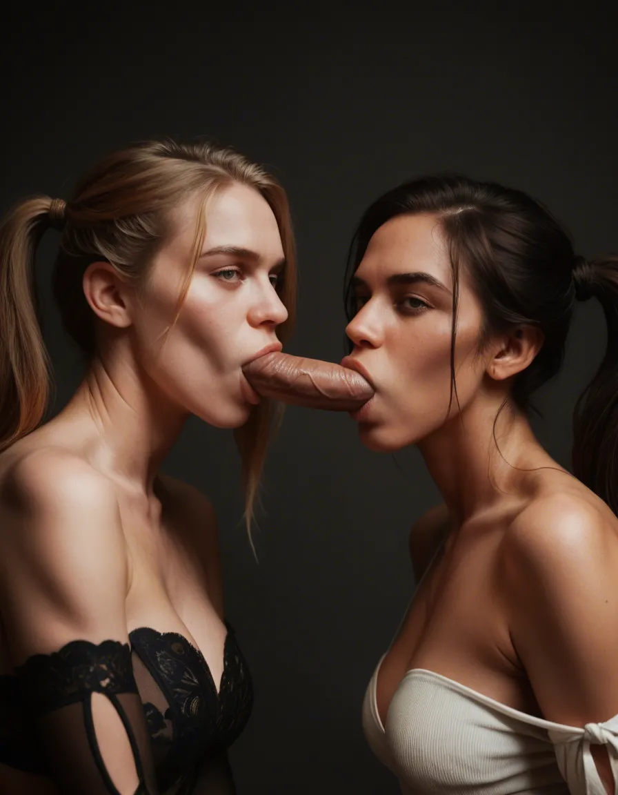 dslr, film grain, photorealistic, 2women, side ponytail, detached sleeves, blowjob, studio photo, score_9, score_8, candid photo, realistic skin texture, visible skin pores, film grain, depth of field