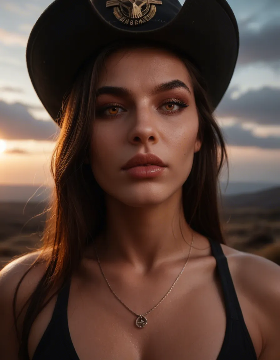 ultra HD, lifelike, demon woman, lips, hat, looking at viewer, creampie, sky, ambient glow, 8k uhd photo, score_9, score_8, amateur photo, phone snapshot, realistic skin texture, skin blemishes, soft indoor lighting