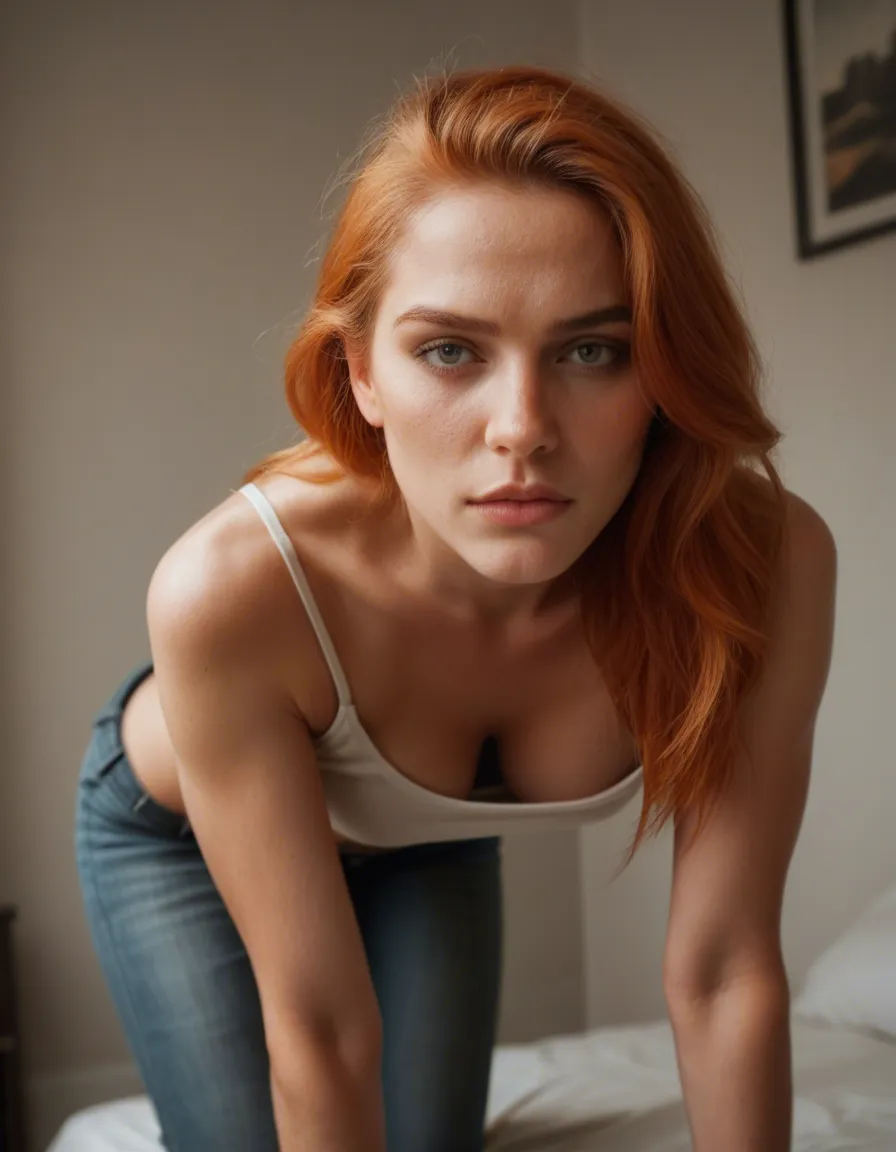 best quality, hyperrealistic, redhead woman, blonde hair, pants, doggy style, 8k uhd photo, score_9, score_8, candid photo, realistic skin texture, visible skin pores, film grain, depth of field
