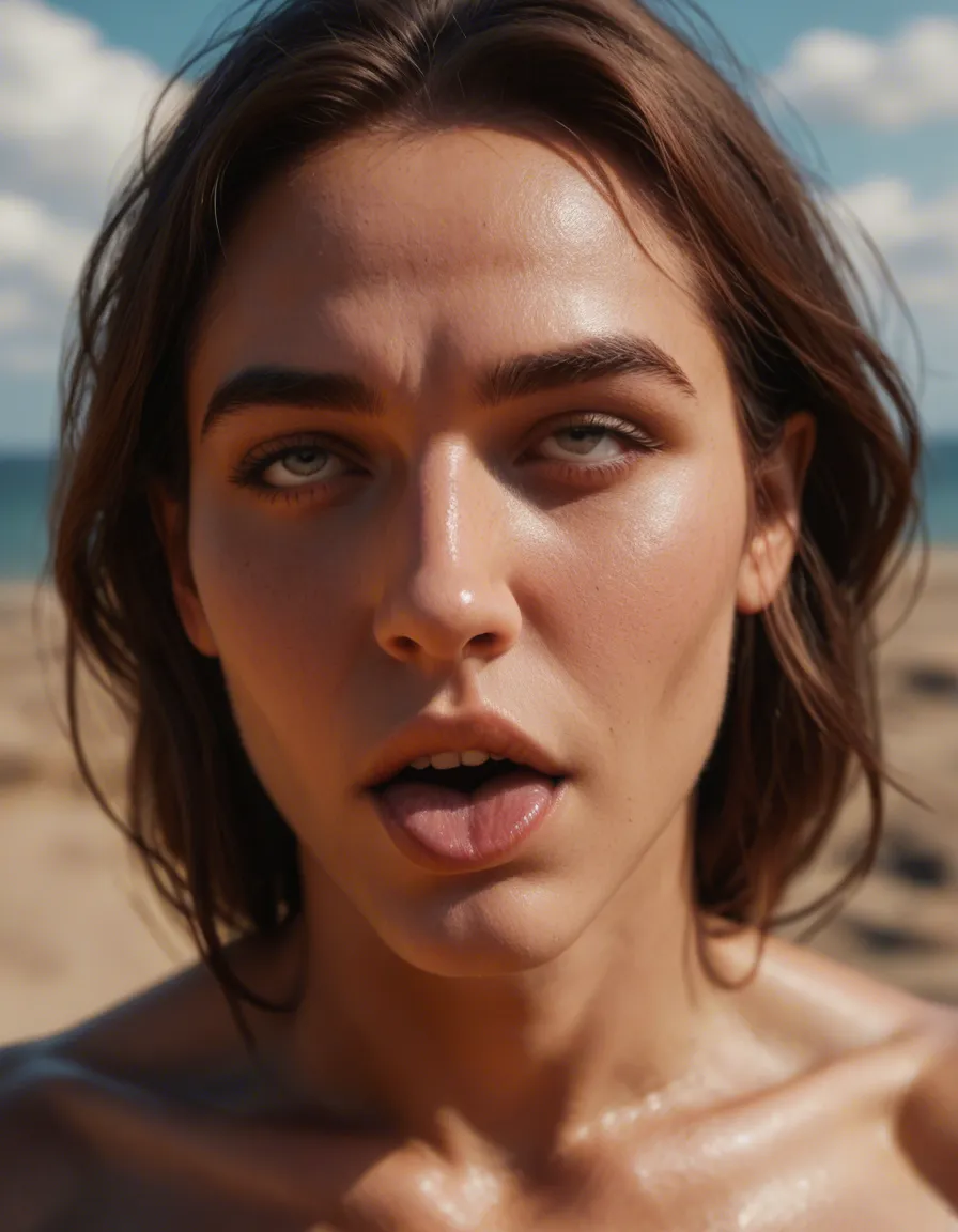 best quality, hyperrealistic, male focus, ahegao, athletic build, sky, tender moment, score_9, score_8, candid photo, realistic skin texture, visible skin pores, film grain, depth of field