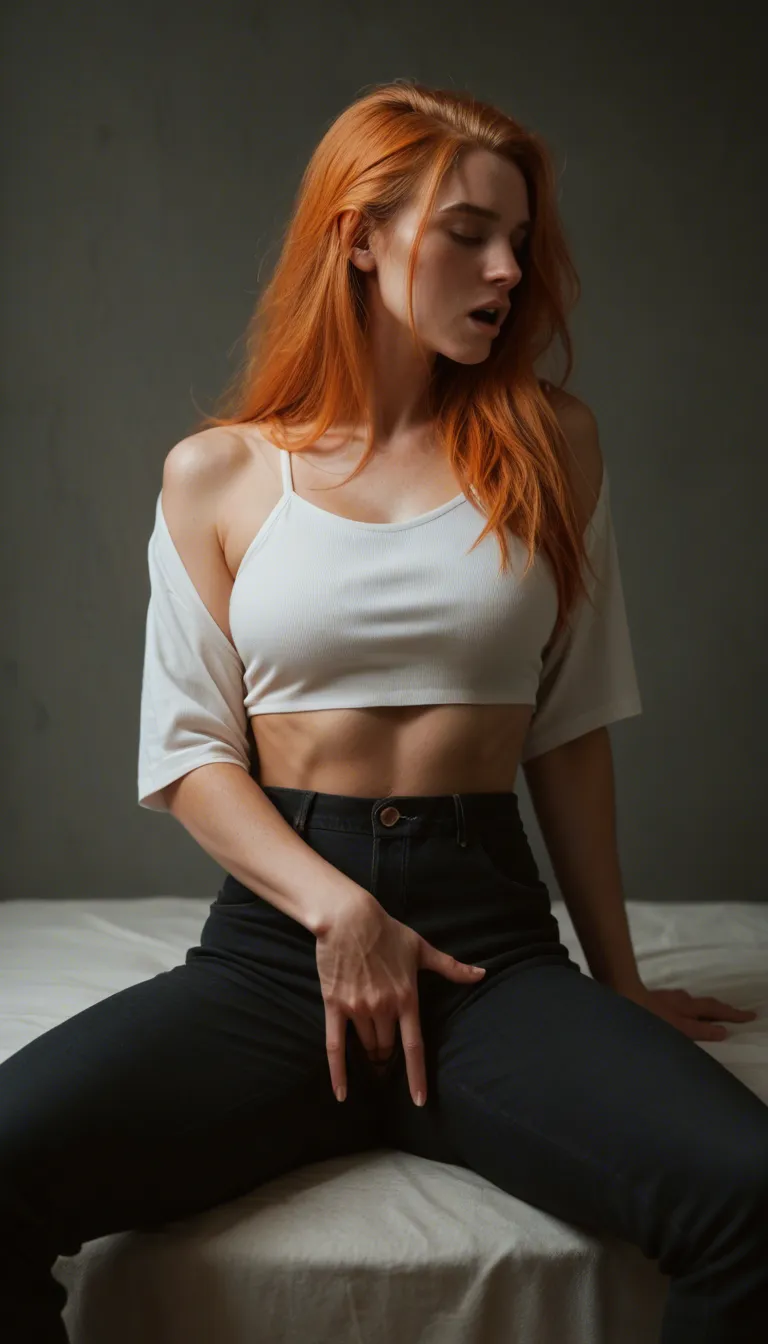 ultra HD, lifelike, princess, orange hair, pants, she is sitting and fingering fast and moaning