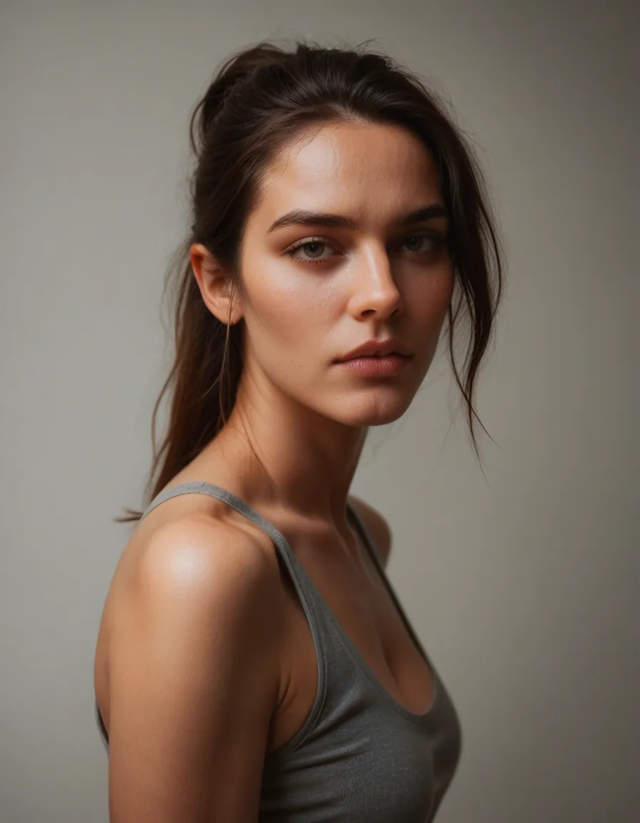 RAW photo, ultra realistic, solo, sleeveless, presenting, lifelike render, score_9, score_8, candid photo, realistic skin texture, visible skin pores, film grain, depth of field