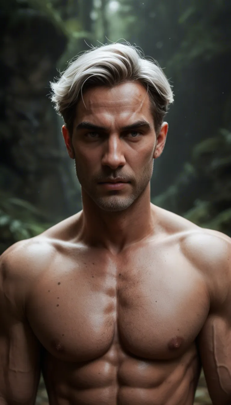 large, masculine hard-working snow leopard demihuman man, handsome face, dark-grey skin, silver leopard spots across his chest and shoulders, white lessy long hair with fluffy ears, sharp violet eyes, white happy trail, stroking his own big penis