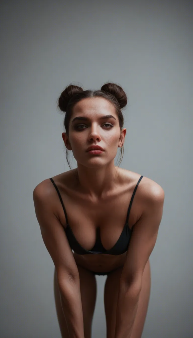 best quality, hyperrealistic, succubus, hair bun, bow, bent over, cool tones, natural skin texture