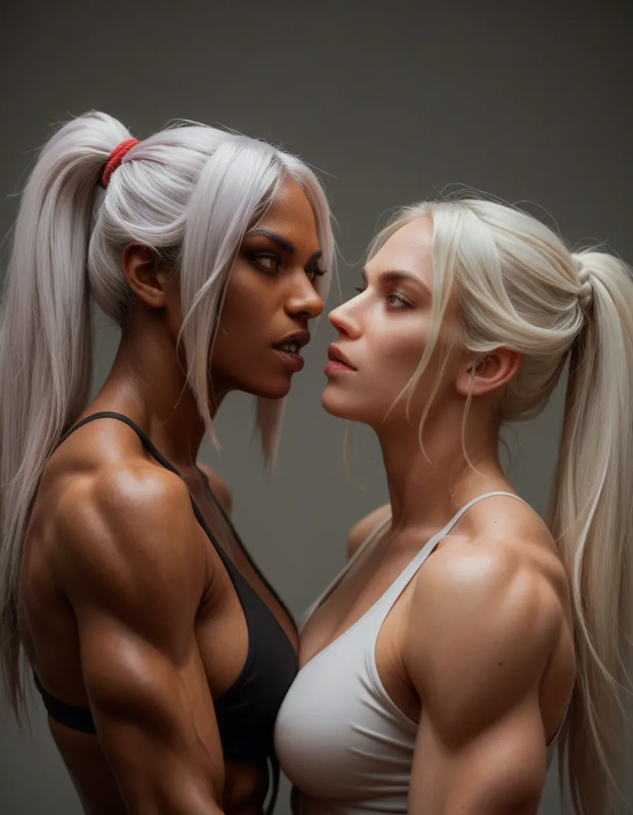 Anime, tribbing Yoruichi and mirko 2women yuri, score_9, score_8, candid photo, realistic skin texture, visible skin pores, film grain, depth of field