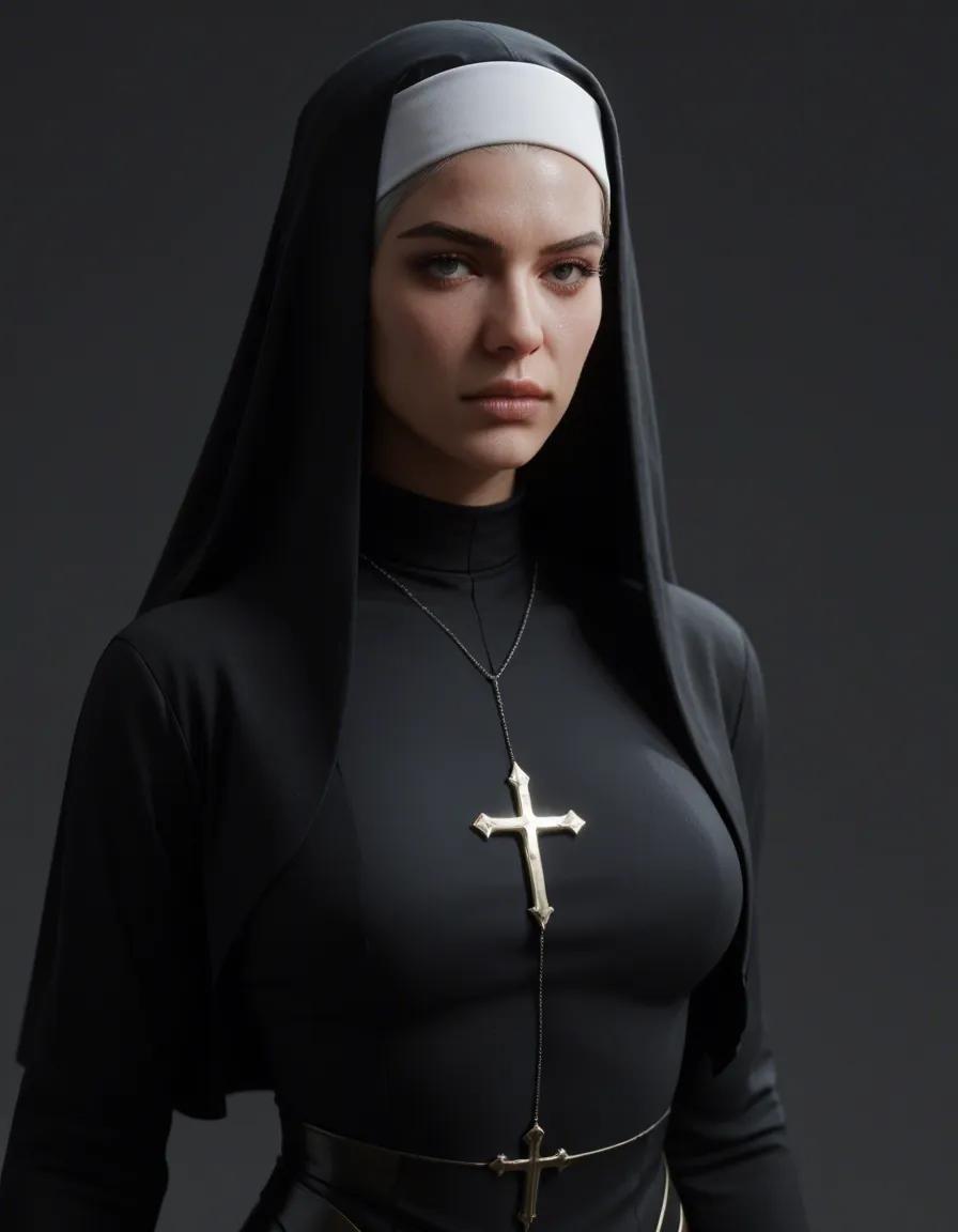 Anime woman in a sexy nun outfit, score_9, score_8, 3d render, octane render, subsurface scattering, ray tracing, smooth shading