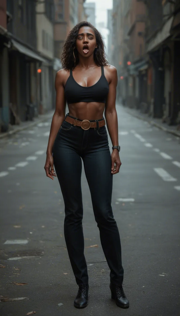 ultra HD, lifelike, brunette woman, dark-skinned female, belt, ahegao, full body, dslr quality
