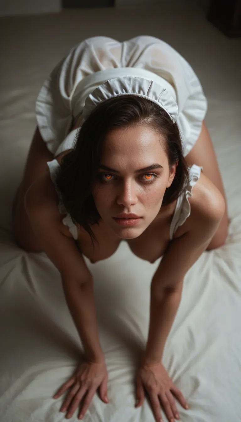 ultra HD, lifelike, from above, maid, on all fours, colored skin, lustful eyes, lifelike render