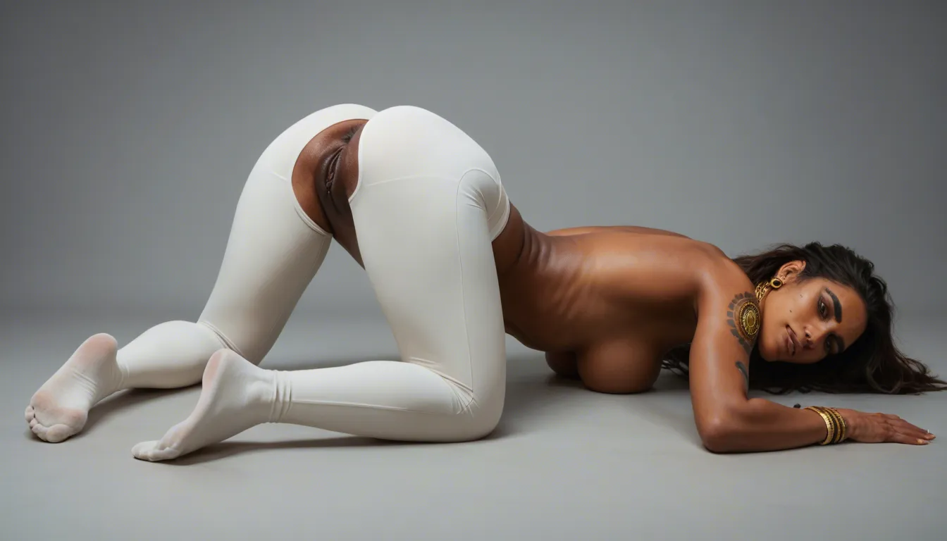 long_hair aztec woman wearing traditional aztec gold jewelry with five toe socks and white yoga pants presenting pussy, score_9, score_8, candid photo, realistic skin texture, visible skin pores, film grain, depth of field