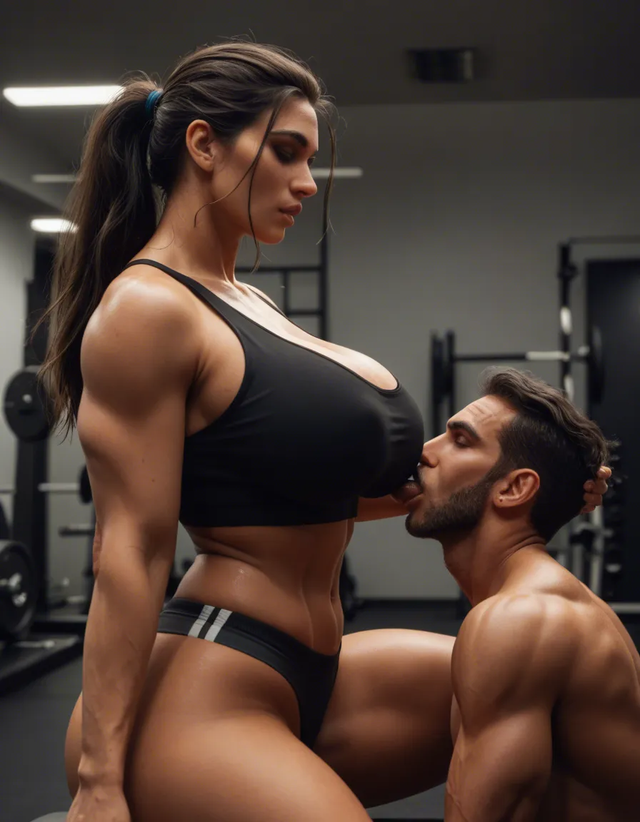 a beautiful south indian woman age 45, tall, curvy personality, upper bare body.. big round breasts , wide midriff, meaty stoamch,   wide bare big  buttocks..  in gym at midnight.now woman on her knees.. sucking her male coach age 25 big dick. while he is standing before her, score_9, score_8, candid photo, realistic skin texture, visible skin pores, film grain, depth of field