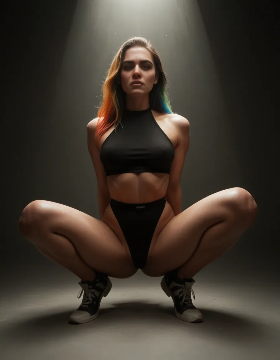 dslr, film grain, photorealistic, 1woman, multicolored hair, shoes, bondage, spotlight, lifelike render, score_9, score_8, candid photo, realistic skin texture, visible skin pores, film grain, depth of field