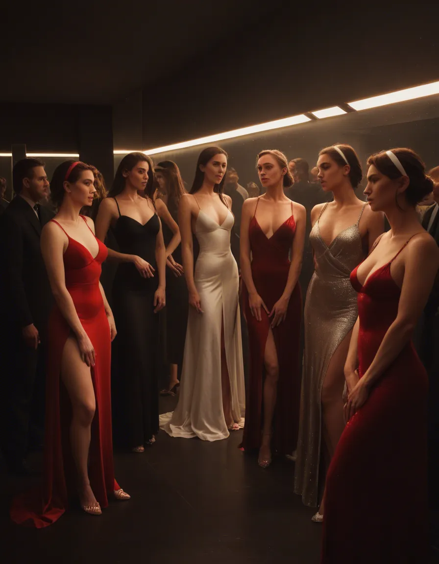 highly detailed, natural lighting, 6+women, hairband, evening gown, missionary, hyperrealistic, score_9, score_8, amateur photo, phone snapshot, realistic skin texture, skin blemishes, soft indoor lighting