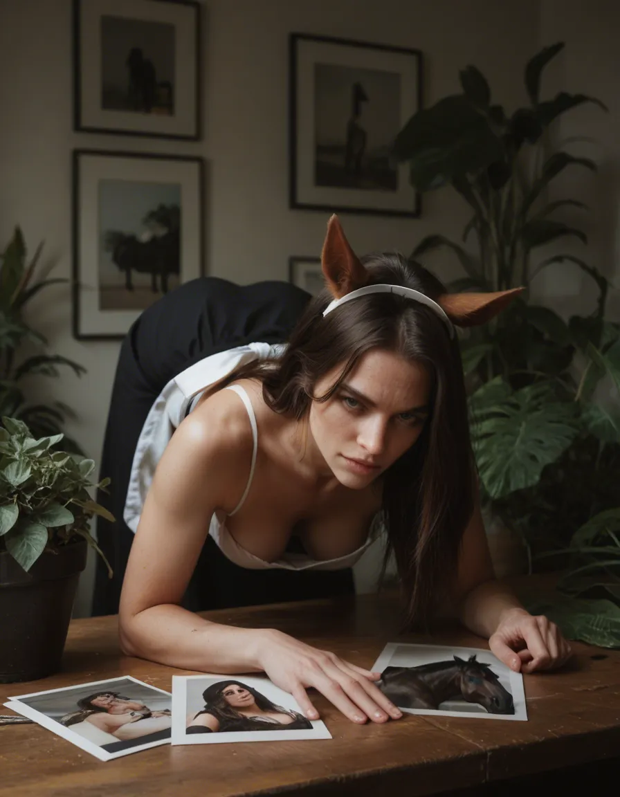 RAW photo_(object) , maid, doggy style, horse ears, plant, 8k uhd photo, score_9, score_8, candid photo, realistic skin texture, visible skin pores, film grain, depth of field