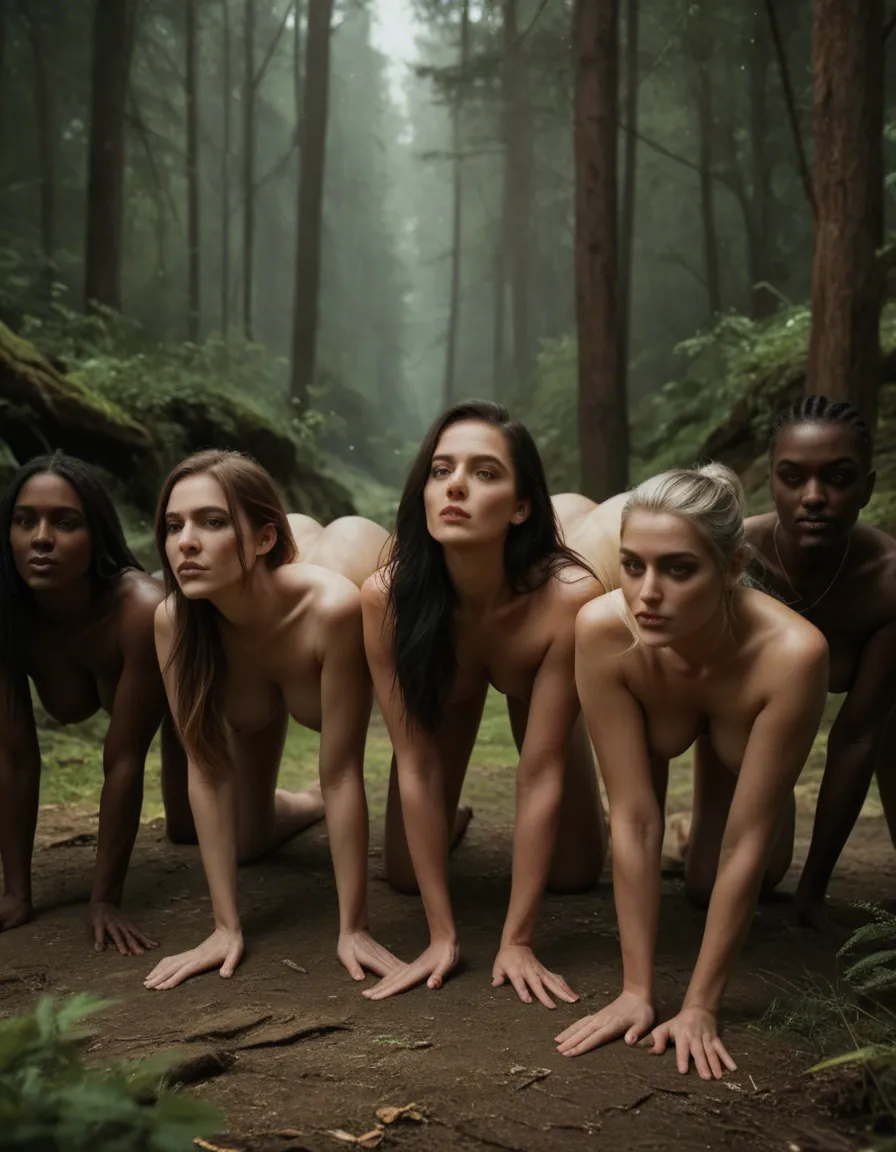 dslr, film grain, photorealistic, 5women, dark-skinned male, detached sleeves, on all fours, tree, portrait, hyperrealistic, score_9, score_8, candid photo, realistic skin texture, visible skin pores, film grain, depth of field