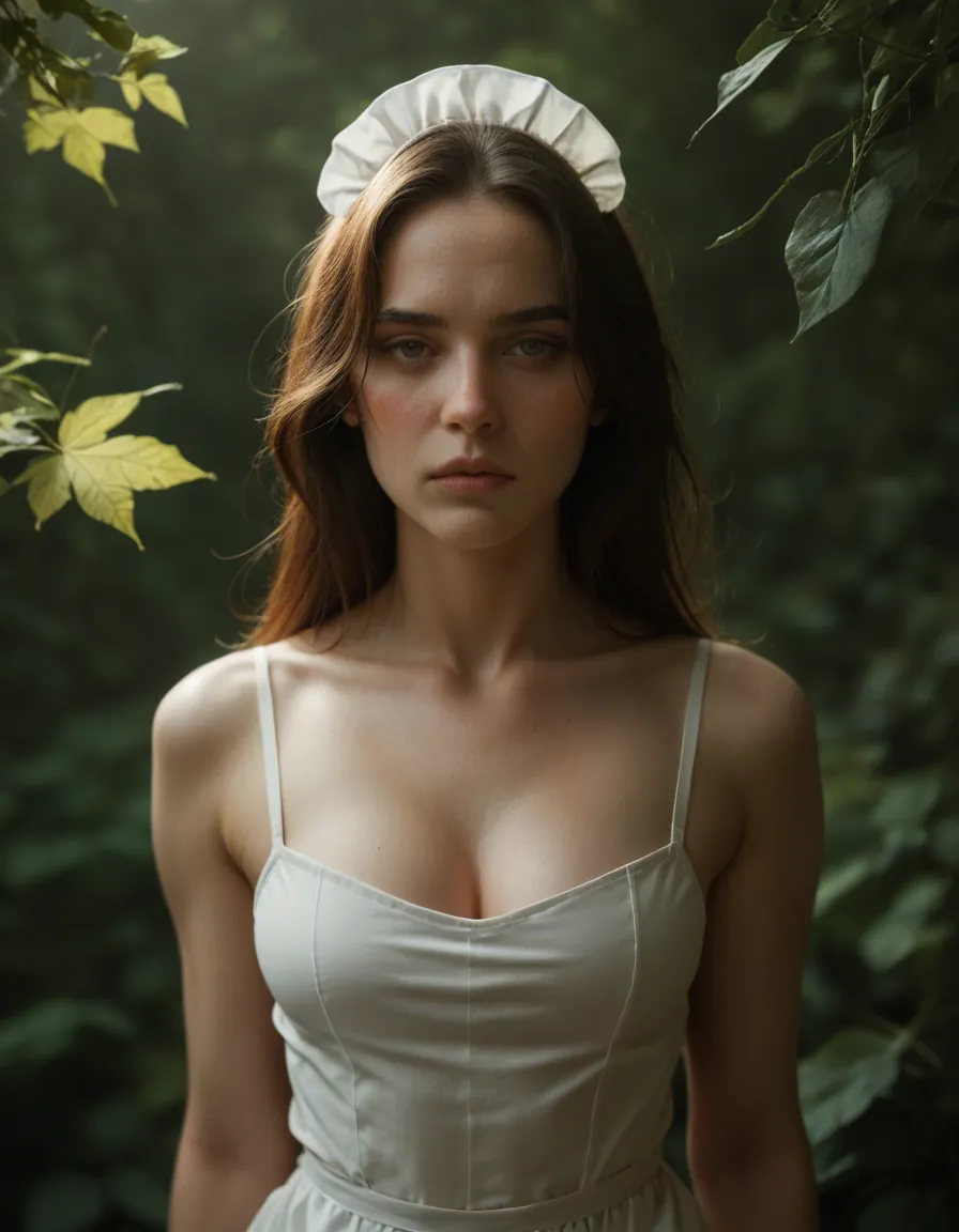 highly detailed, natural lighting, maid, fully nude, collarbone, leaf, submissive blush, film photography, score_9, score_8, candid photo, realistic skin texture, visible skin pores, film grain, depth of field