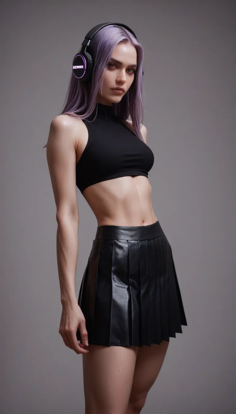 Young woman with long lavender-purple hair, black over-ear headphones, black shiny latex crop top and matching pleated mini-skirt keeps dancing energetically in front of the neon “LOOK” sign and grey brick wall. As she moves, the front of her tight black latex crop top suddenly cracks and splits open down the middle, the material peeling apart to fully reveal her bare breasts. Her skirt falls down as well, leaving her fully exposed.  She does not stop or react with surprise — she simply continues the same rhythmic dance, hips swaying, arms moving, shoulders rolling, while her newly exposed breasts bounce freely and naturally in perfect sync with the beat and her body movements. Keep the identical camera angle, lighting, neon glow, couch in the background, and overall cinematic style. Smooth, continuous motion, realistic physics on the bouncing breasts, no sudden cuts.