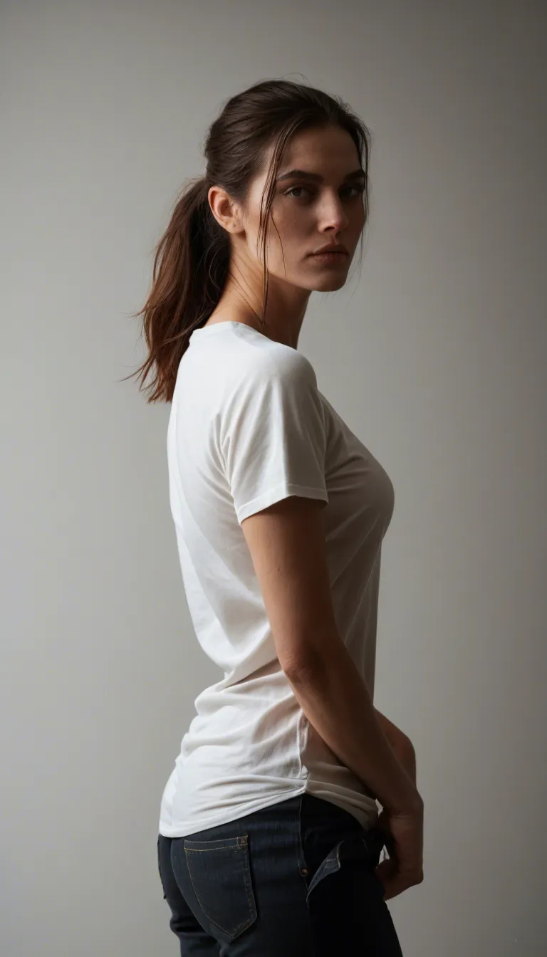 best quality, hyperrealistic, 1other, standing, shirt, undressing, gradient background, side view, cinematic realism