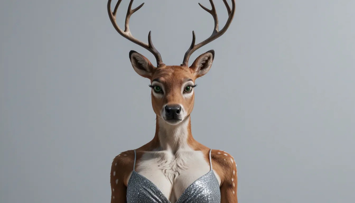 3D render, ultra realistic 3D CGI, masterpiece, best quality, 8k, adult female anthro deer woman, elegant slender body, soft light grey fur with subtle white accents on muzzle and inner ears, long elegant deer antlers with white tips and soft velvet texture, large expressive emerald green eyes with subtle black sclera, closed seductive smirk, completely nude, extremely detailed perky breasts with dark grey nipples, thick soft dark grey hind legs and hooves, both hind legs raised toward viewer showing detailed hooves and soles, fluffy tail curled seductively, intense hind leg and paw focus, portrait mode, tight close-up, seductive pose, perfect anatomy, vibrant colors, sharp focus, volumetric lighting, clean white studio background, score_9, score_8, candid photo, realistic skin texture, visible skin pores, film grain, depth of field