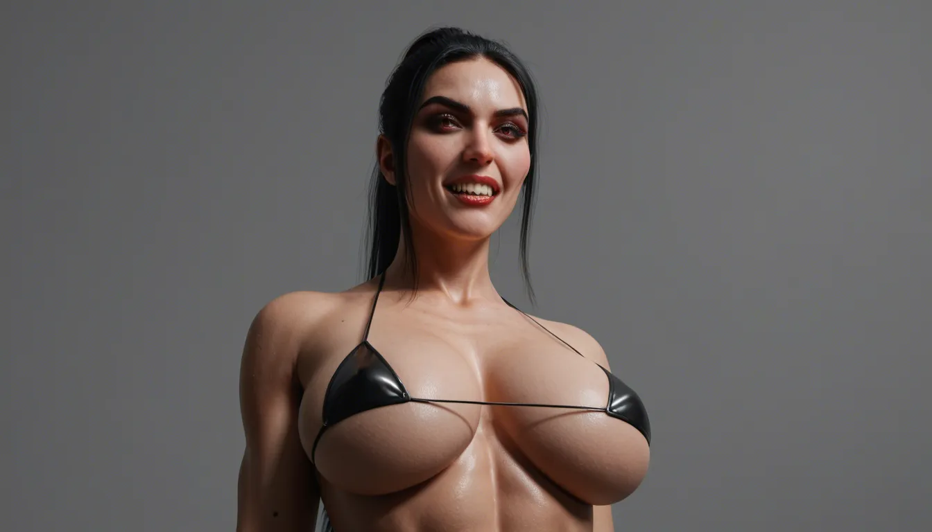 view side below zoom on face, busty athletic vampire huge breasts arching back, shiny black micro bikini long black hair fringe hairstyle high ponytail evil laugh vampire teeth almond red eyes, biding man in neck, big blue shoulder tattoos blue arm tattoos, dark castle