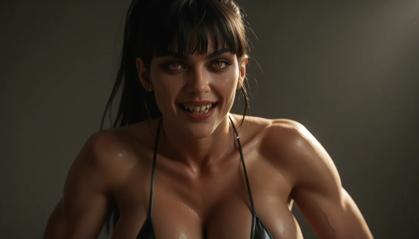 view side under zoom on face, busty athletic vampire huge breasts arching back, shiny black micro bikini long black hair fringe hairstyle high ponytail evil laugh vampire teeth almond red eyes, biding man in neck, big blue shoulder tattoos blue arm tattoos, dark castle