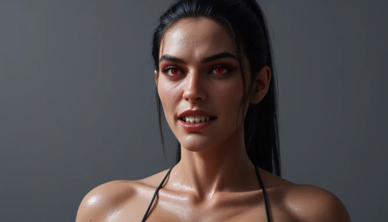 view side under zoom on face, busty athletic vampire huge breasts arching back, shiny black micro bikini long black hair fringe hairstyle high ponytail evil laugh vampire teeth almond red eyes, biding man in neck, big blue shoulder tattoos blue arm tattoos, dark castle