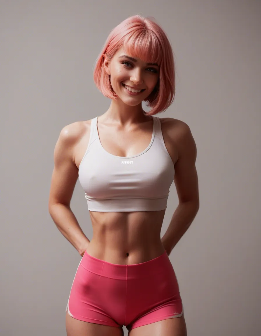 pink hair, bob cut, wearing a pink workout top and tight spandex shorts, smile, score_9, score_8, candid photo, realistic skin texture, visible skin pores, film grain, depth of field