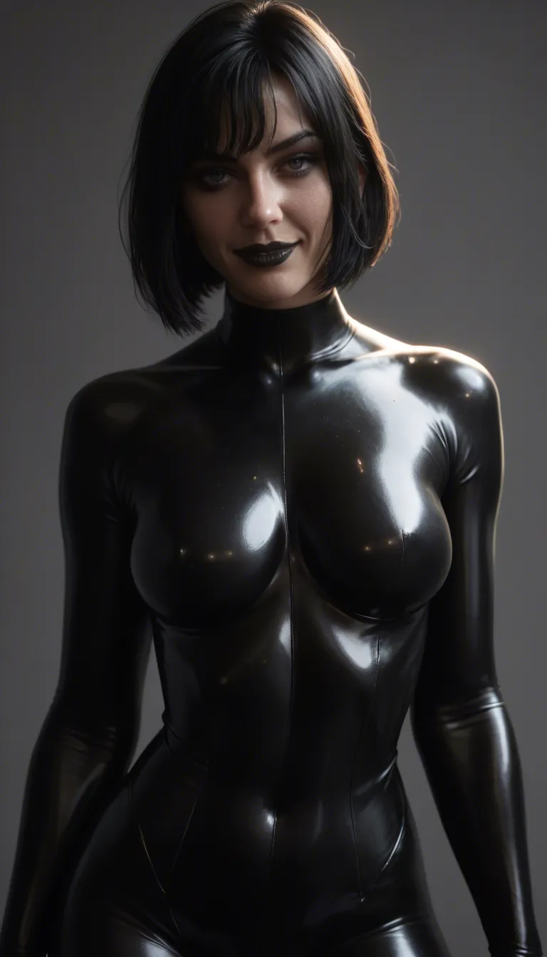 sexy, black hair, bob cut, black lips, medium_breasts, goth, smile, shiny black latex catsuit