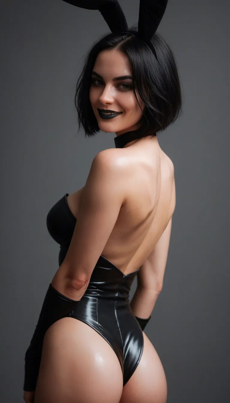 sexy, black hair, bob cut, black lips, medium_breasts, goth, smile, shiny black bunny suit, showing her butt