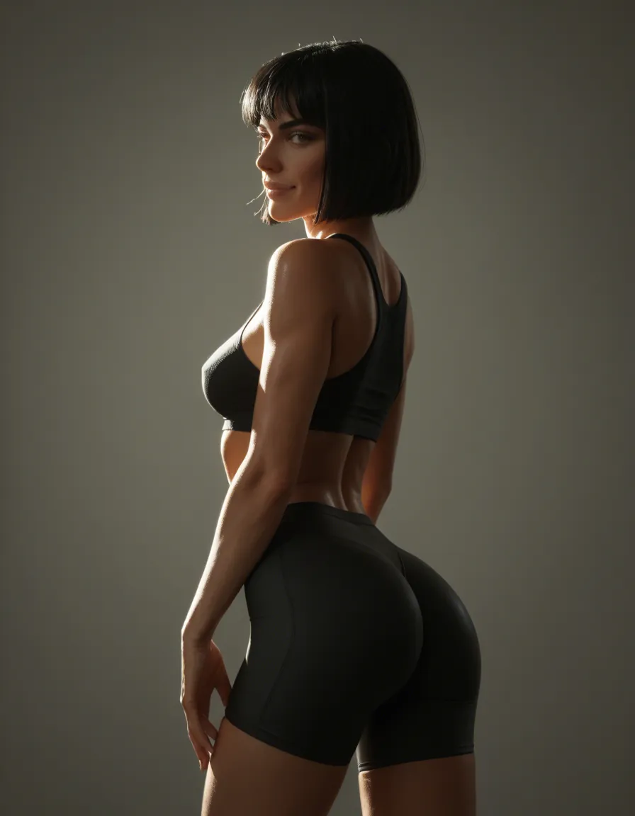 sexy, black hair, bob cut, medium_breasts, smile, shiny black bike shorts and top, showing her butt, score_9, score_8, cinematic film still, anamorphic, film grain, dramatic lighting, shallow depth of field