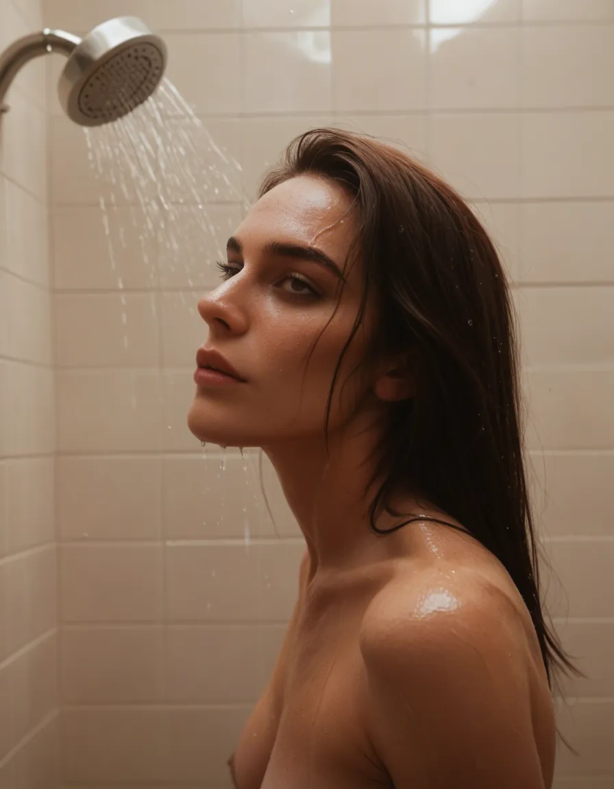 Strip tease and having a shower, score_9, score_8, candid photo, realistic skin texture, visible skin pores, film grain, depth of field