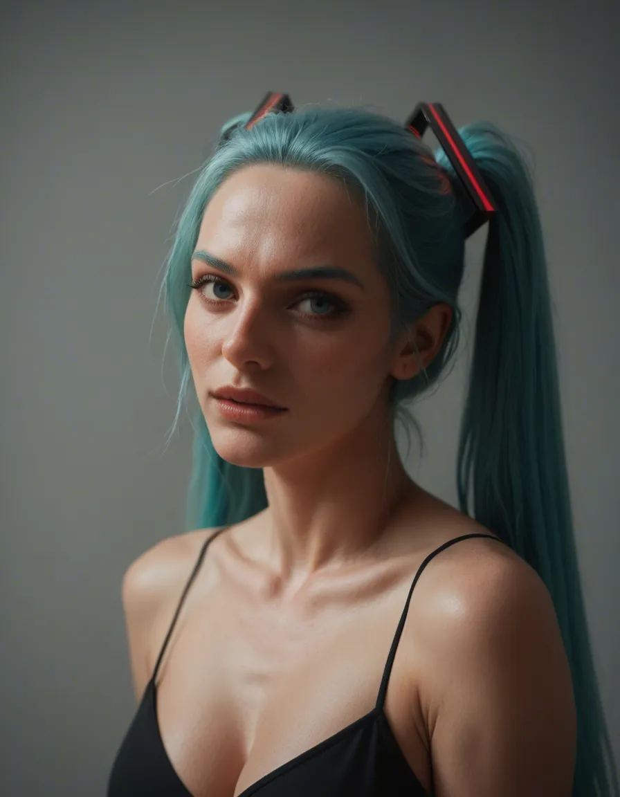 Hatsune Miku peituda com as pernas abertas na praia, score_9, score_8, candid photo, realistic skin texture, visible skin pores, film grain, depth of field