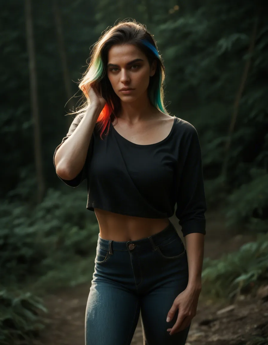 highly detailed, natural lighting, solo female, multicolored hair, pants, futanari, 8k uhd photo, score_9, score_8, candid photo, realistic skin texture, visible skin pores, film grain, depth of field