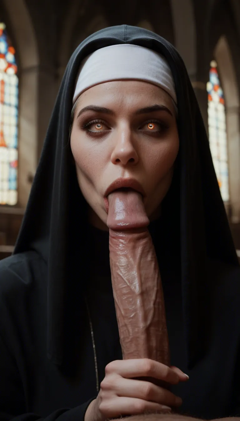 In a church a scary ghost nun with whole white ghost eyes sucking a long penis in her mouth rapidly and giving a deepthroat blowjob.