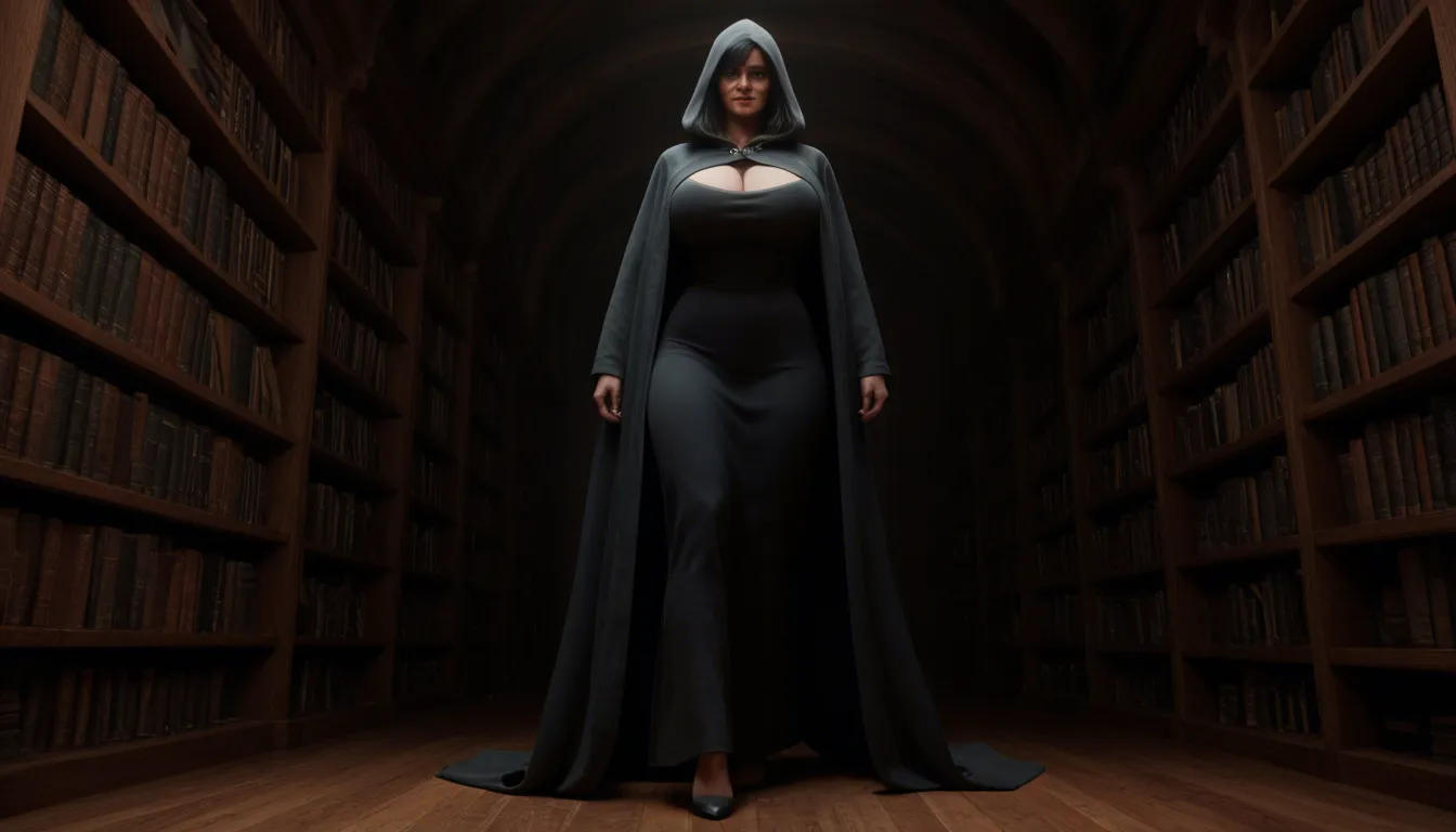 view front below, busty athletic woman huge breasts wearing black full body frock with hood over face, long black hair fringe hairstyle evil smile almond blue eyes, library