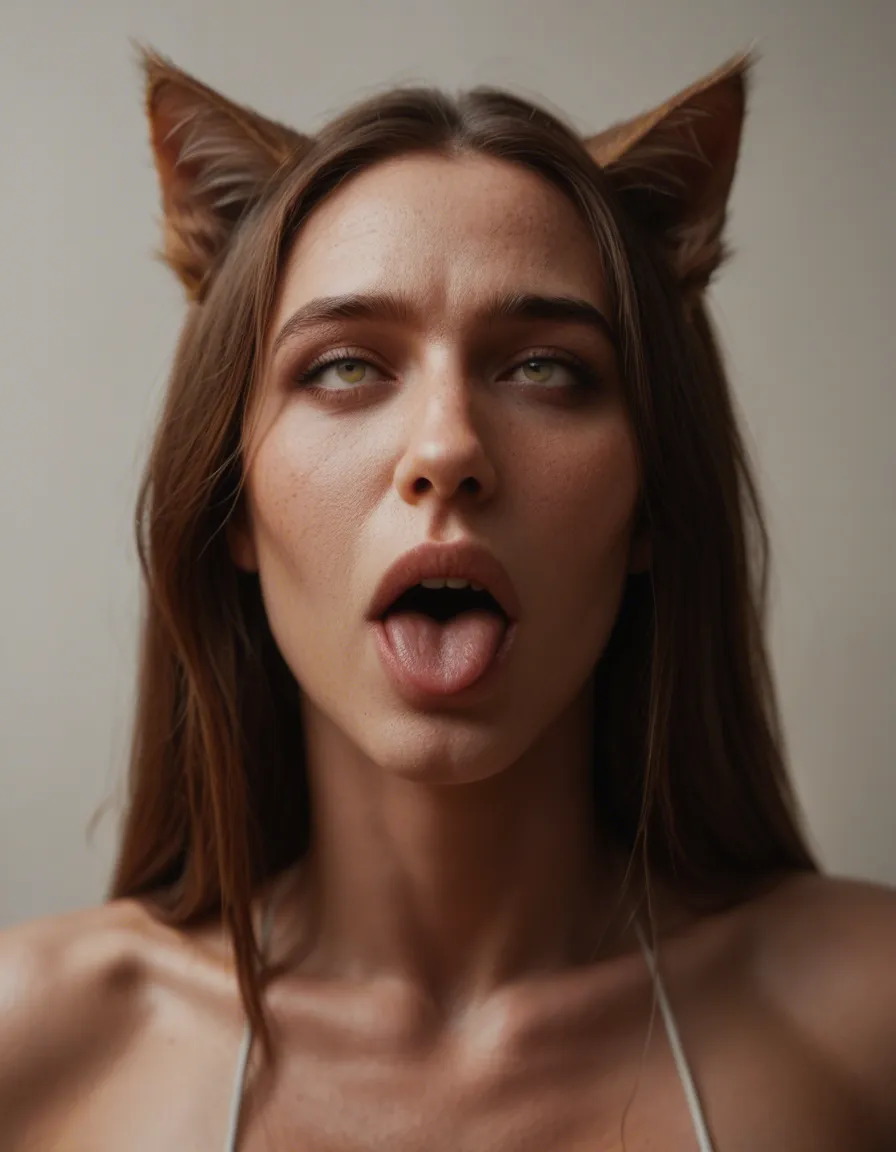8k, sharp focus, detailed skin, three-quarter view, catgirl, ahegao, colored skin, mysterious vibe, dslr quality, score_9, score_8, candid photo, realistic skin texture, visible skin pores, film grain, depth of field
