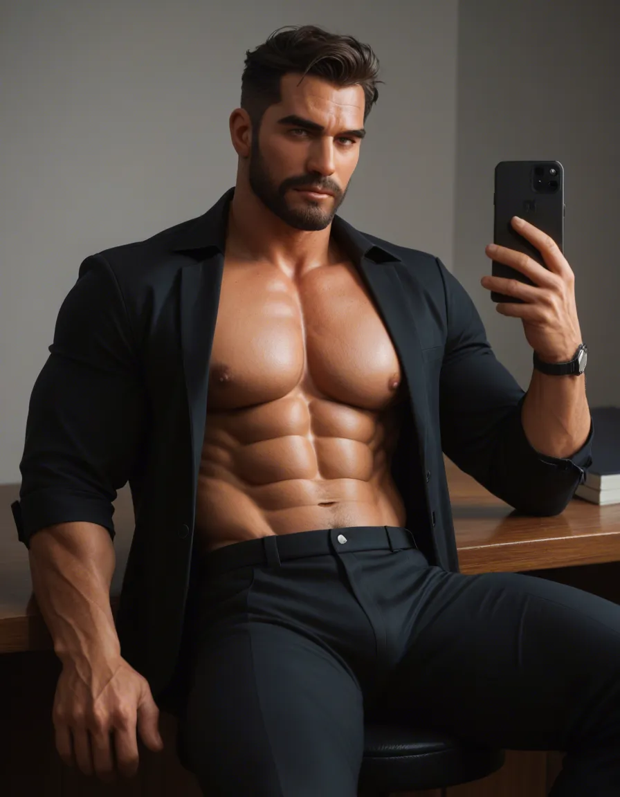 sharp focus, 8k uhd, office muscular', 'large pectorals', 'abs', 'facial hair', 'bara man, muscular male, official alternate costume, crossed legs, blowjob, warm tones, film photography, score_9, score_8, amateur photo, phone snapshot, realistic skin texture, skin blemishes, soft indoor lighting