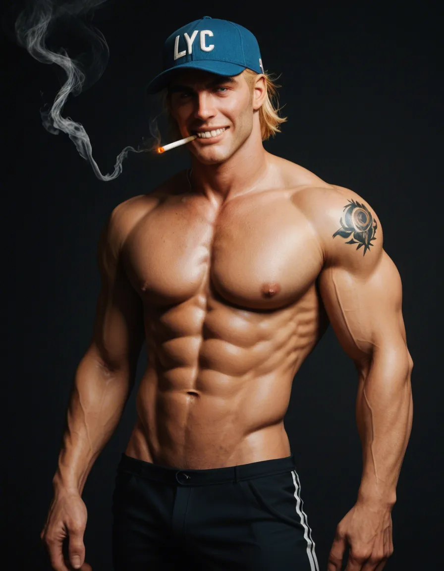 male_focus , 20yo, tobacco stained teeth smoking cigarette in mouth while exhaling smoke , baseball_cap , topless_male , lean muscular_male , slender muscular legs , blonde_hair , blue_hair , seductive_smile , tattoo , defined biceps, chiseled abs, on_ground , beach , full_body , wet, score_9, score_8, candid photo, realistic skin texture, visible skin pores, film grain, depth of field