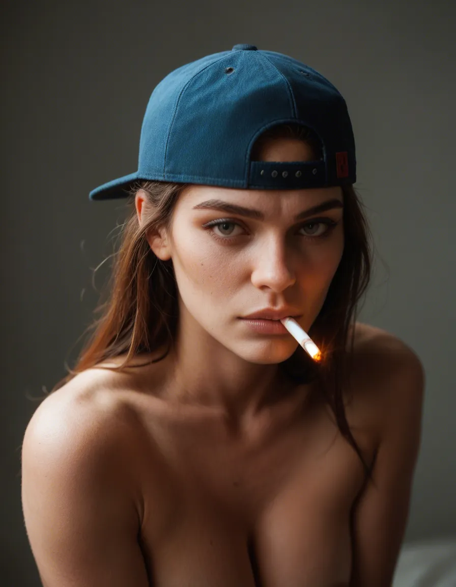 18yo boy, nude, backwards ball cap, lighting up a cigarette, score_9, score_8, candid photo, realistic skin texture, visible skin pores, film grain, depth of field