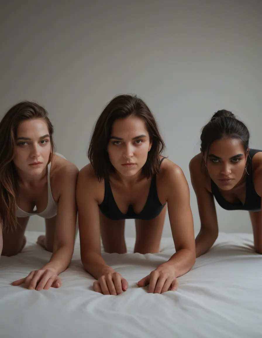 best quality, hyperrealistic, medium shot, 3women, on all fours, midriff, studio photo, score_9, score_8, candid photo, realistic skin texture, visible skin pores, film grain, depth of field