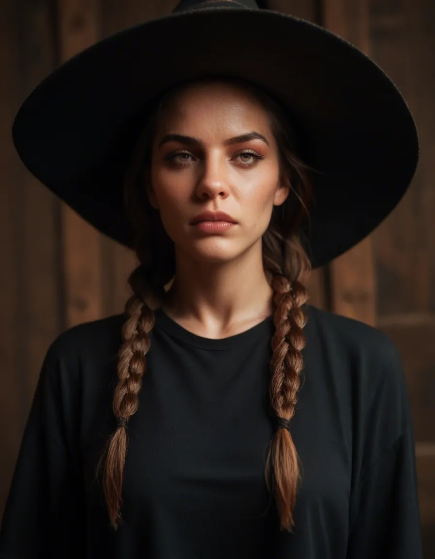 8k, sharp focus, detailed skin, witch, twin braids, shirt, bondage, hyperrealistic, score_9, score_8, candid photo, realistic skin texture, visible skin pores, film grain, depth of field