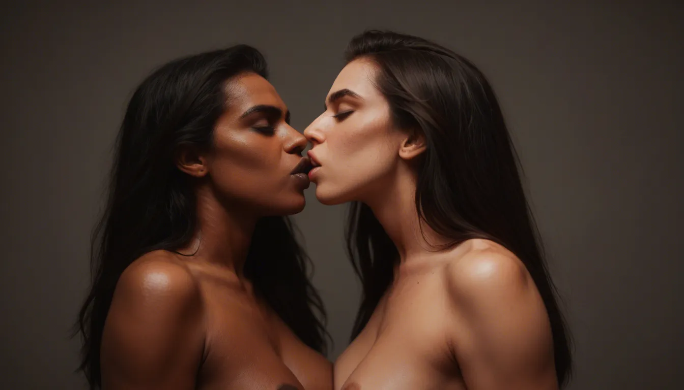 8k, sharp focus, detailed skin, two maked females from India with dark nipples long dark hair kissing each other and caressing their breasts, studio lighting, RAW photo