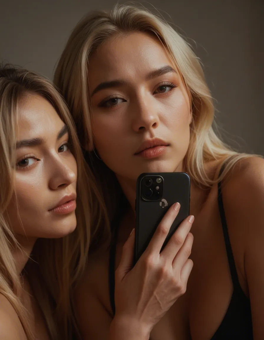 Blonde woman getting caught fingering by 2 asian women, score_9, score_8, amateur photo, phone snapshot, realistic skin texture, skin blemishes, soft indoor lighting