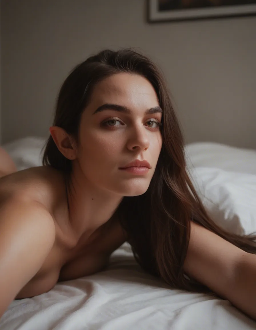 RAW photo, ultra realistic, extreme close-up, elf woman, futanari, curvy figure, on bed, playful expression, studio photo, score_9, score_8, candid photo, realistic skin texture, visible skin pores, film grain, depth of field